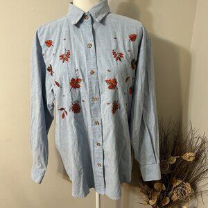 Big Denim Republic Women Button Up Blue Chambray Shirt Leafs Embroidered Sz M